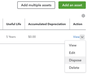 Image showing the Dispose button when disposing of a fixed asset on QuickBooks.